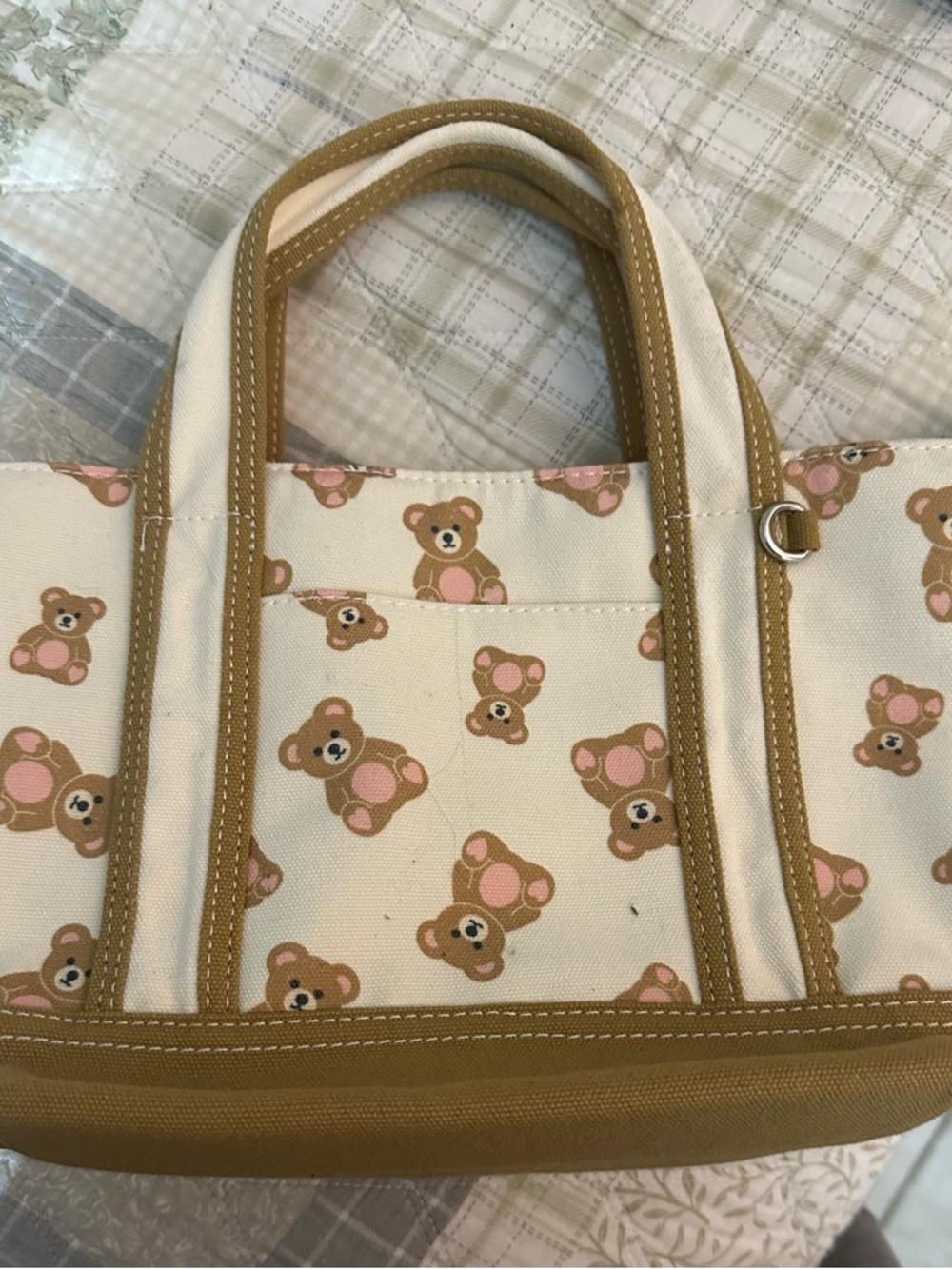 Source Unknown Cream Canvas Tote with Tan Trim and Pink Bear Print
